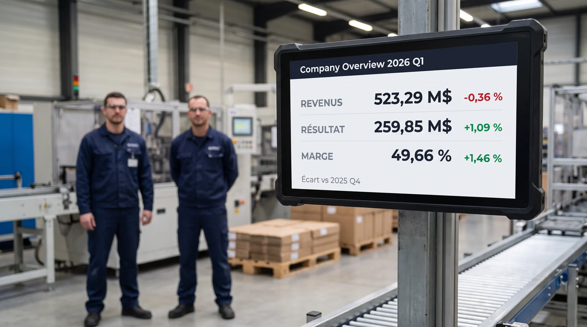 Écran durci en bout de ligne de production affichant les indicateurs du site