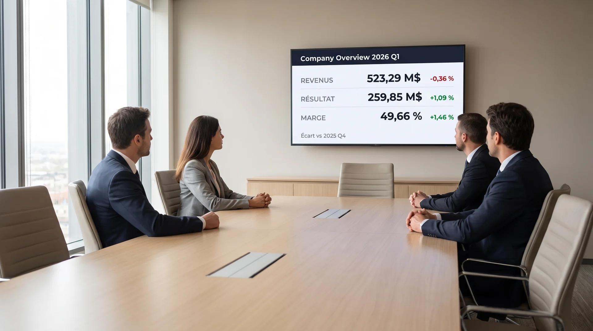 Comité de direction réuni face à un écran affichant les indicateurs de l'entreprise