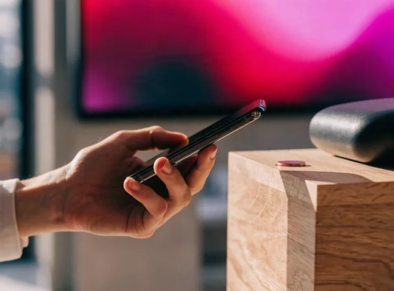 Smartphone held close to an NFC tag set into a showroom product plinth