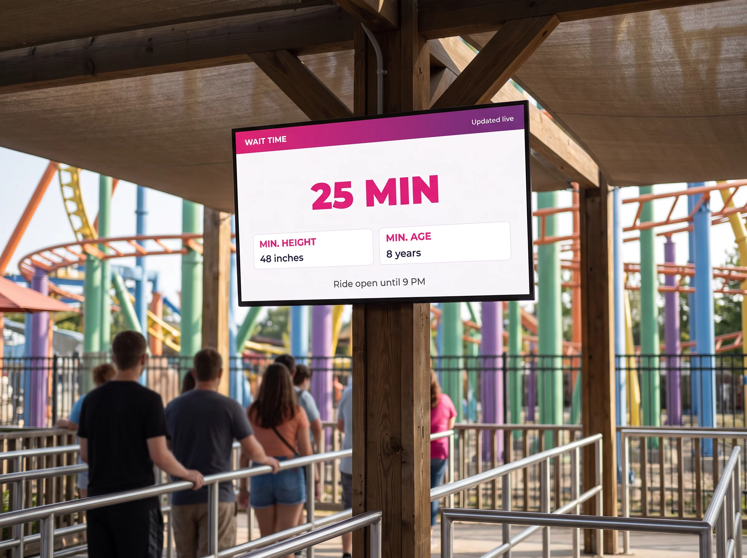 Digital signage screen at the head of a ride queue line in a theme park, showing a 25-minute wait and the height and age requirement