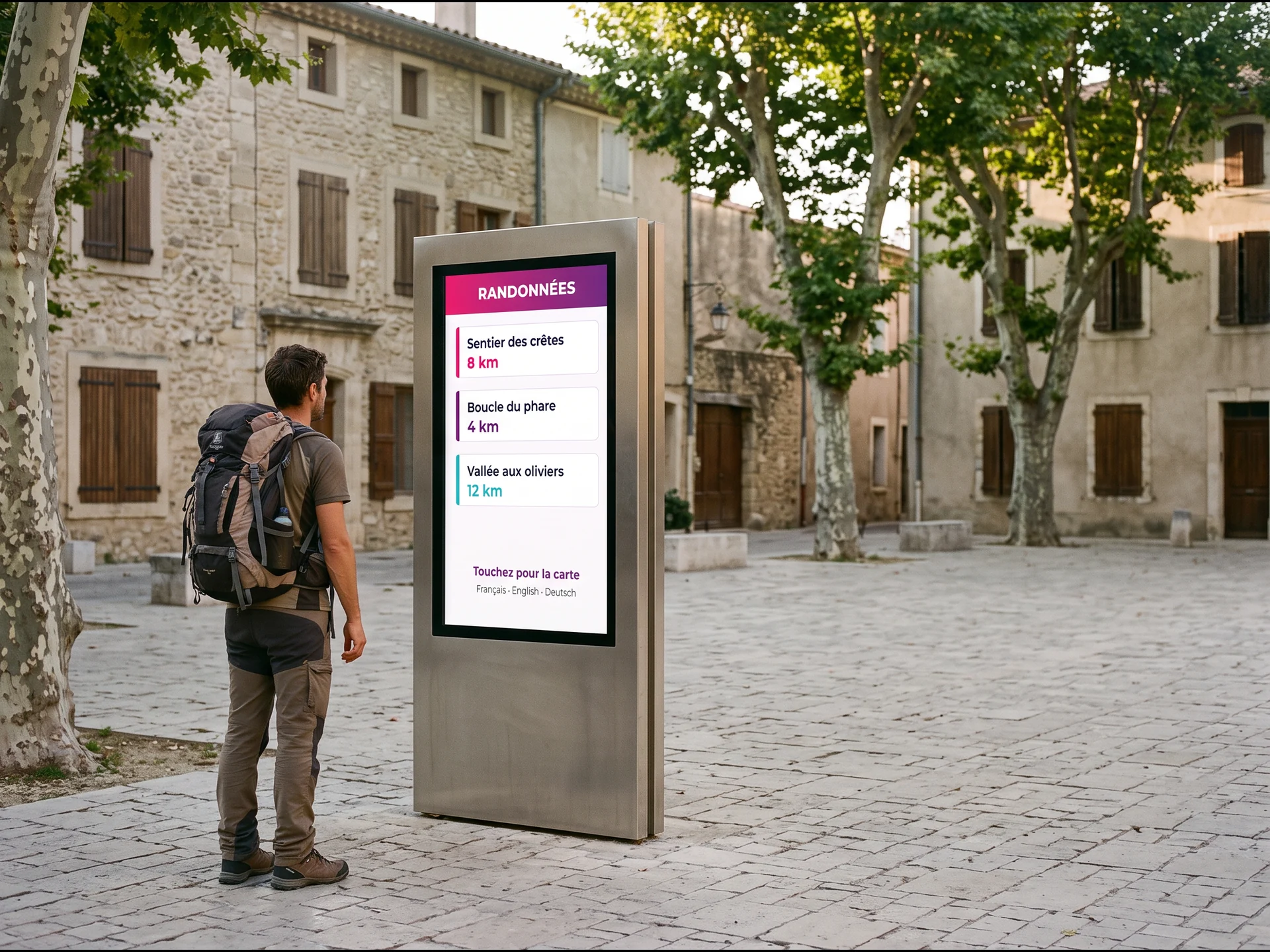 Borne tactile d’information touristique sur une place de village, affichant les randonnées et leur distance en plusieurs langues