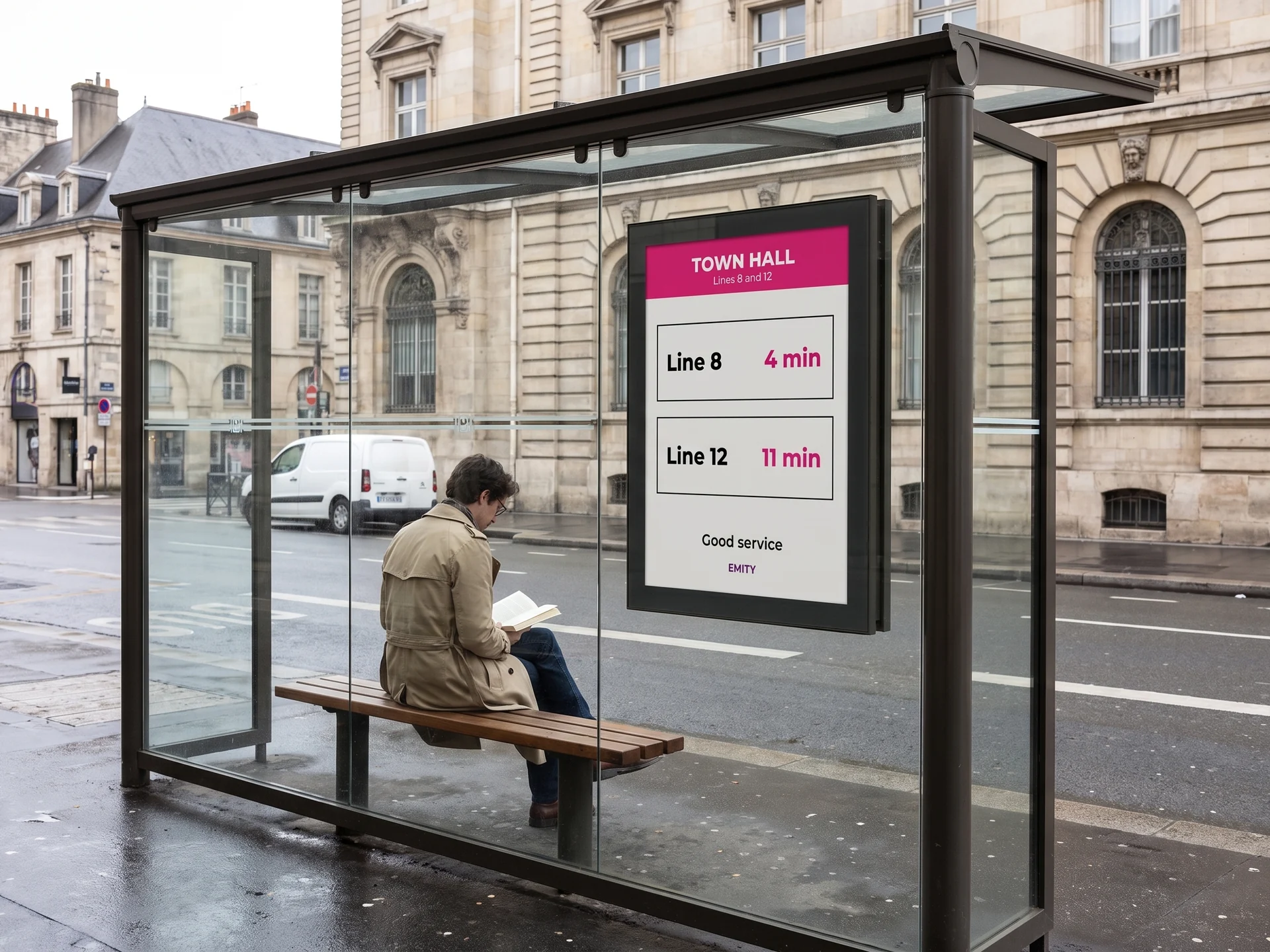 E-paper panel fitted inside a bus shelter, showing waiting times for the next buses