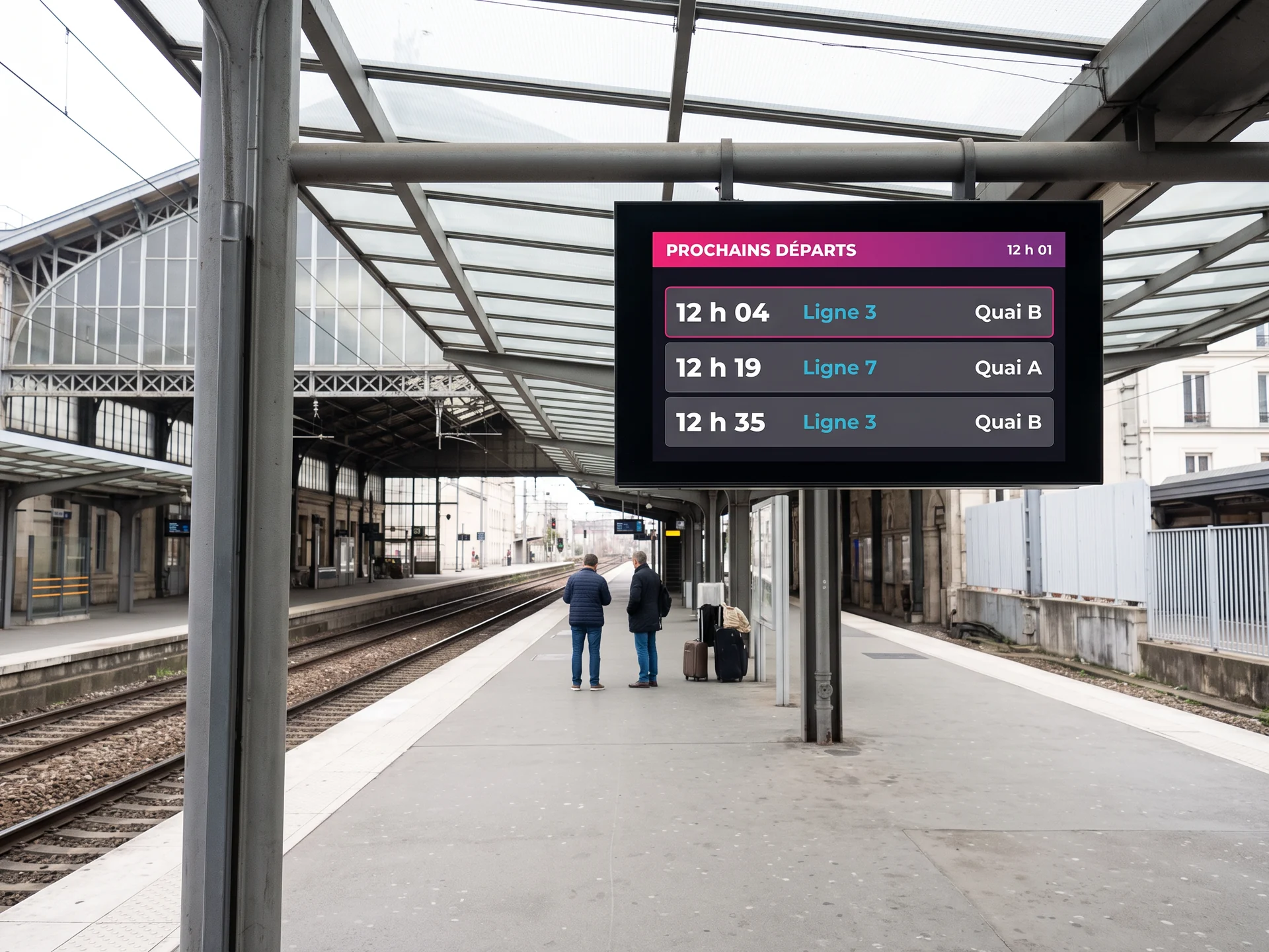 Écran d'information suspendu sous la marquise d'un quai de gare