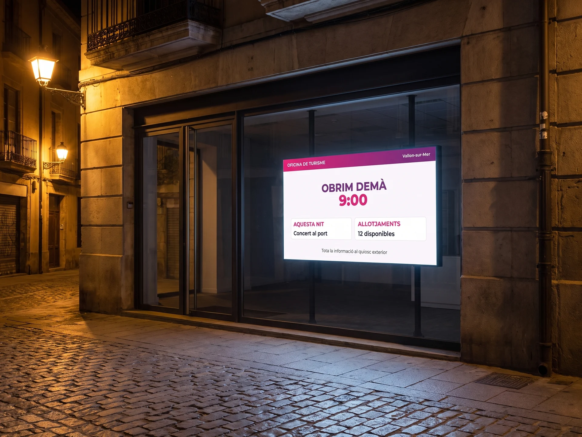 Pantalla de cartelleria digital a l'aparador d'una oficina de turisme tancada de nit, amb l'hora d'obertura i els esdeveniments de la tarda