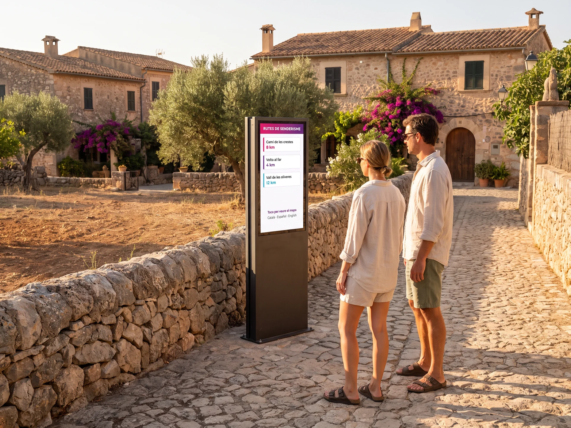 Quiosc tàctil d'informació d'exterior a la plaça d'un poble, amb els camins i les seves distàncies en diversos idiomes