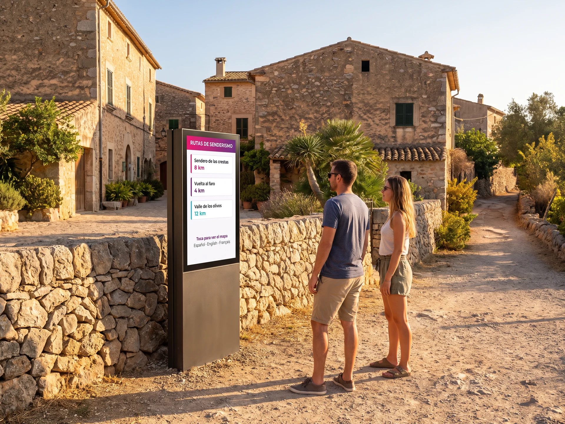 Quiosco táctil de información de exterior en la plaza de un pueblo, con los senderos y sus distancias en varios idiomas