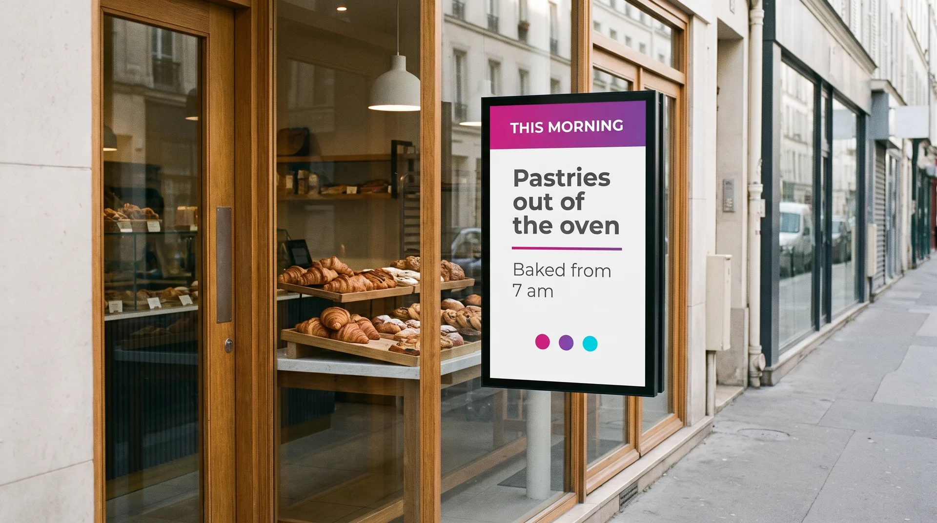 Portrait digital signage screen in a bakery shop window, announcing the morning pastries