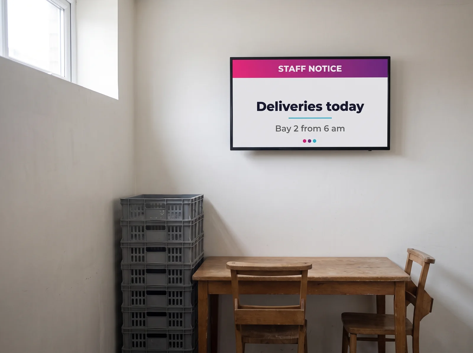 Screen in the staff break room of a supermarket showing the delivery schedule