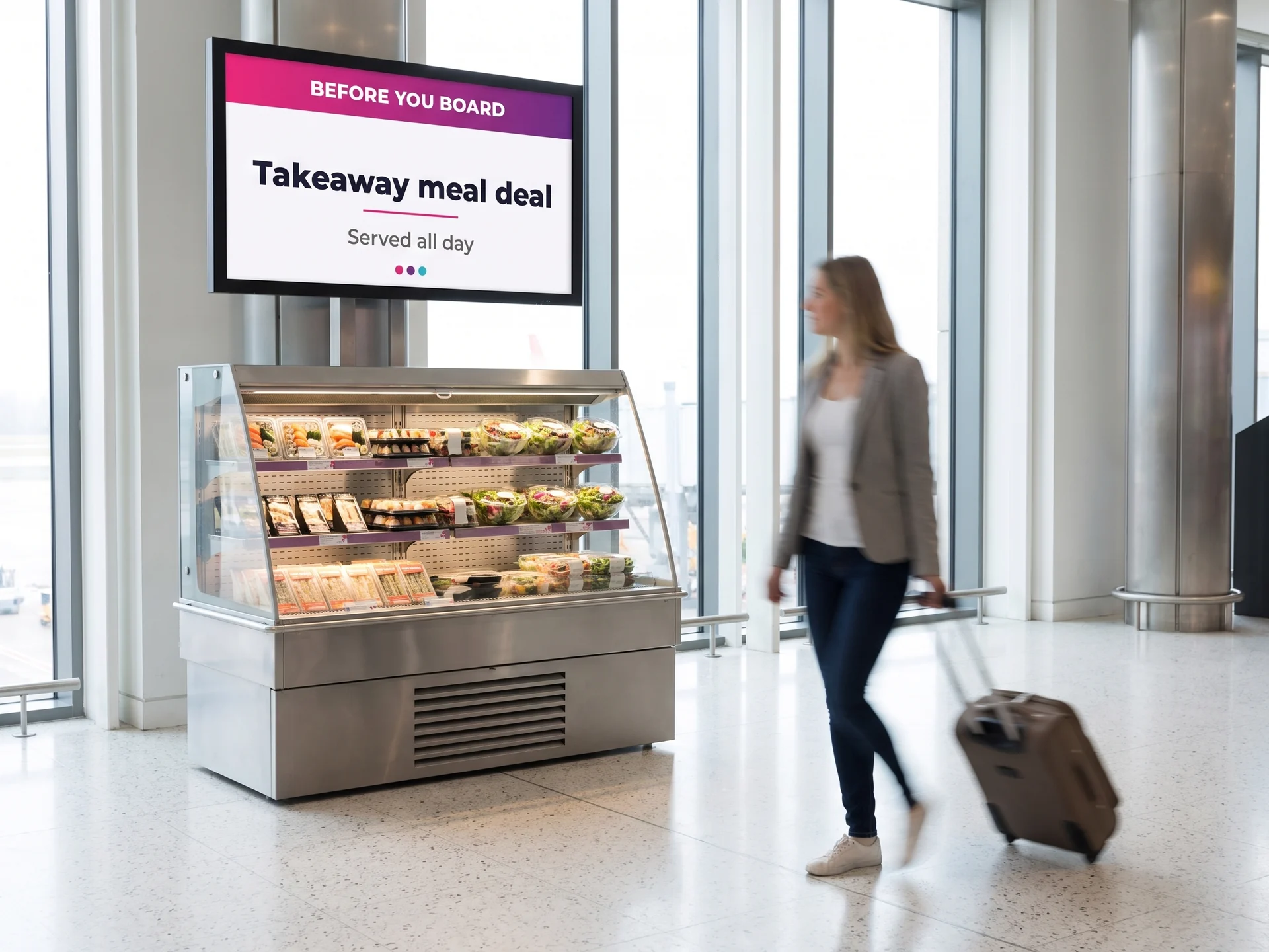 Chilled grab-and-go cabinet in an airport terminal, wall screen above