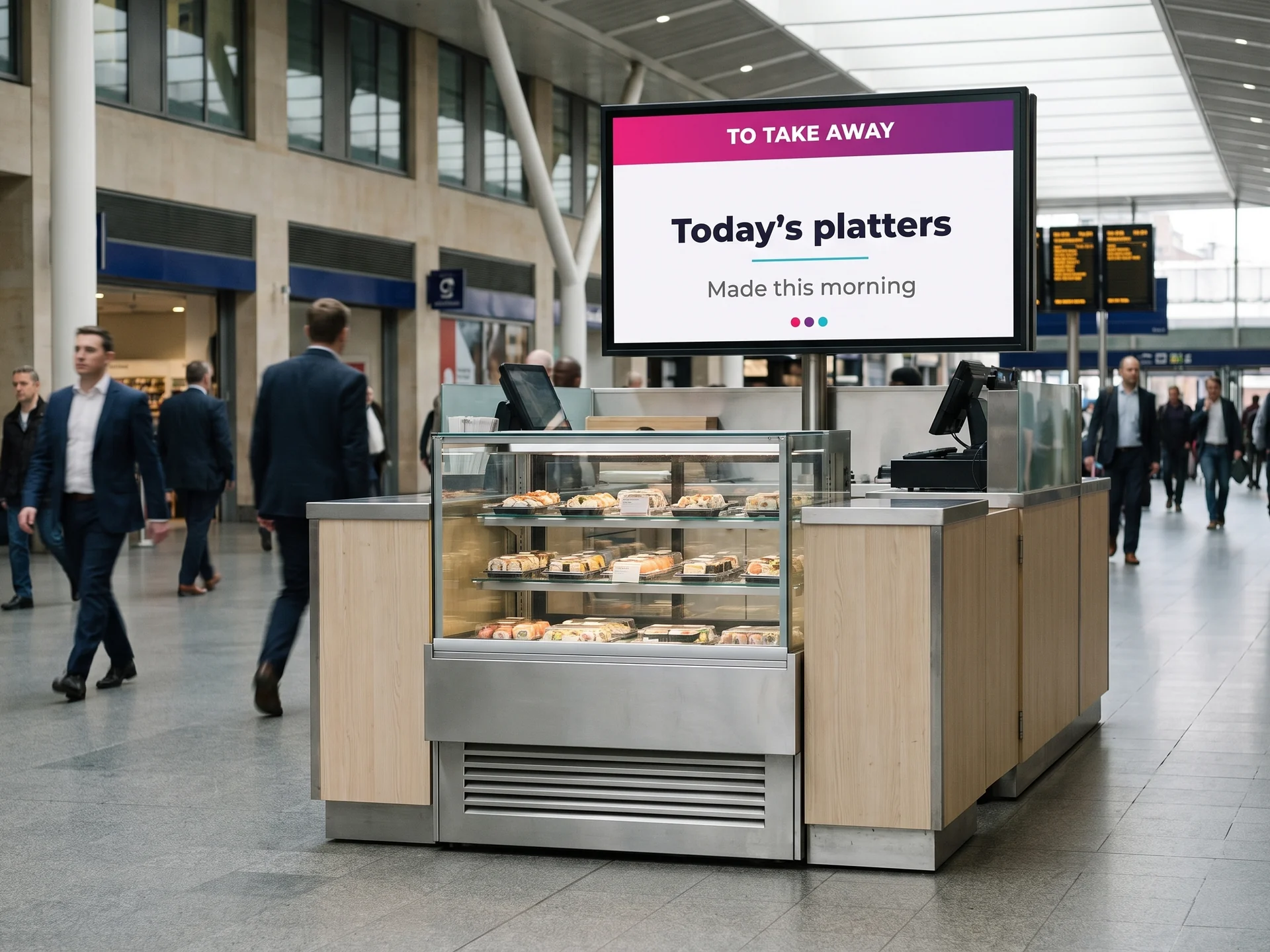 Sushi kiosk in a railway station concourse, screen hung above the counter
