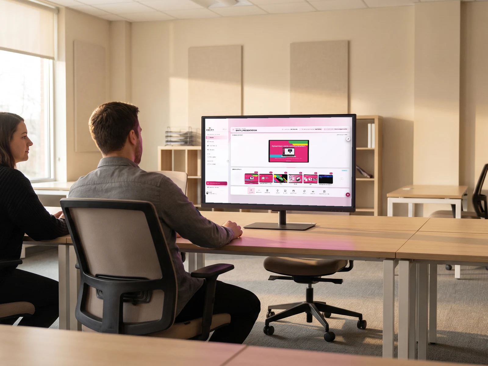 Deux personnes devant un &eacute;cran affichant l'interface E-MANAGER d'EMITY, en train de pr&eacute;parer une liste de diffusion pour un r&eacute;seau d'agences