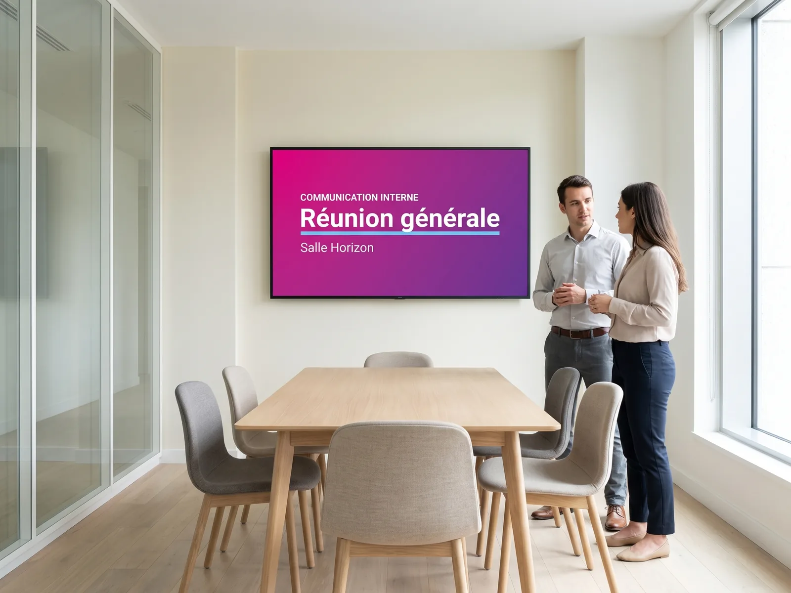Écran de salle de réunion diffusant une affiche de communication interne aux couleurs EMITY