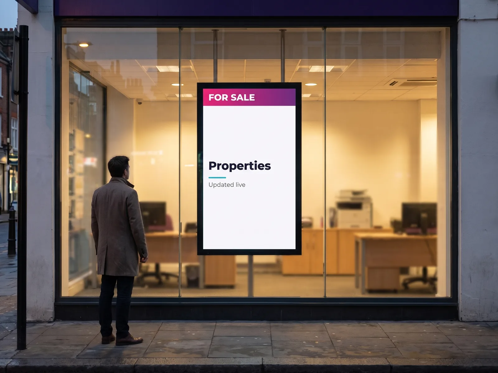 Pantalla vertical en el escaparate de una inmobiliaria vista desde la acera al anochecer
