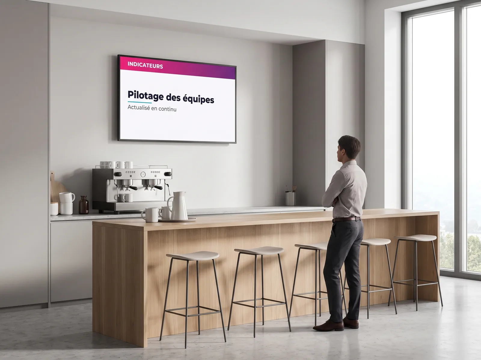 Écran d'affichage dynamique au-dessus d'un espace café d'entreprise, diffusant des indicateurs d'équipe