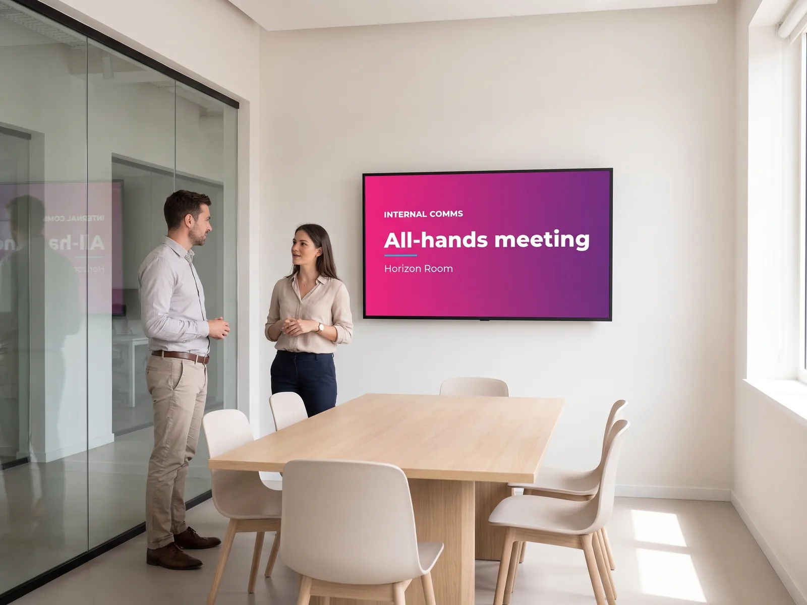 Pantalla de sala de reuniones mostrando un cartel de comunicación interna con los colores de la marca EMITY