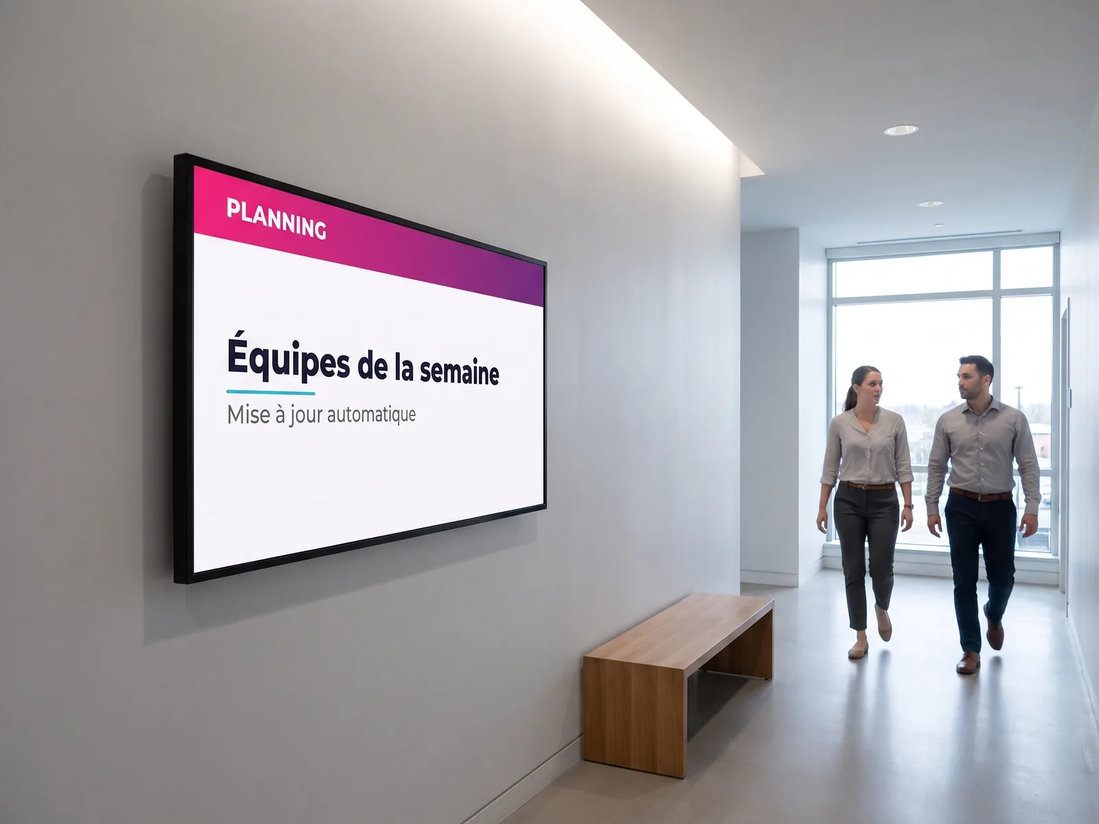Écran mural dans un couloir d'entreprise affichant le planning des équipes de la semaine