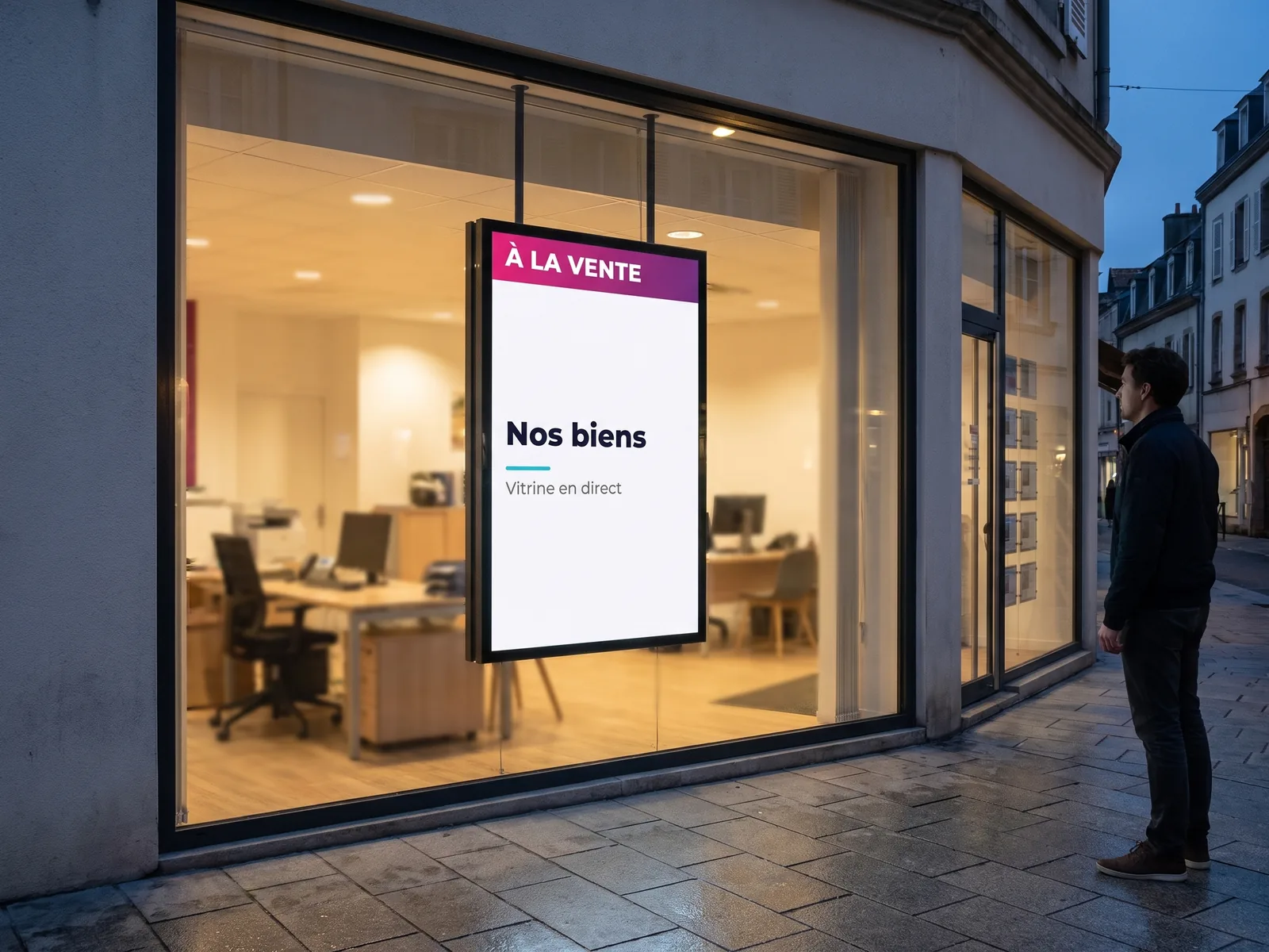 Écran portrait suspendu dans la vitrine d'une agence immobilière, vu depuis le trottoir en fin de journée