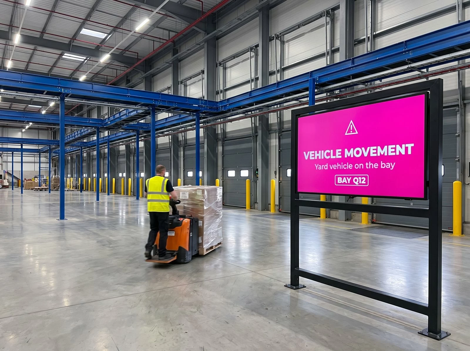 Loading bay screen switched to an alert while an operator manoeuvres a pallet truck in the hall