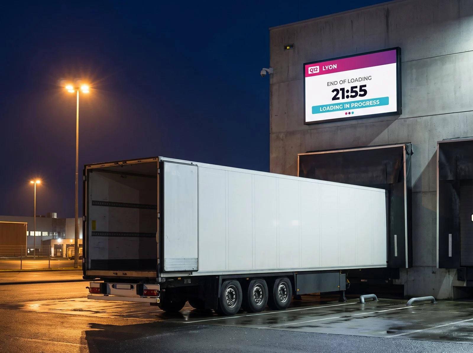 Trailer at a loading bay at night, with a wall screen showing the bay number, destination and end of loading time