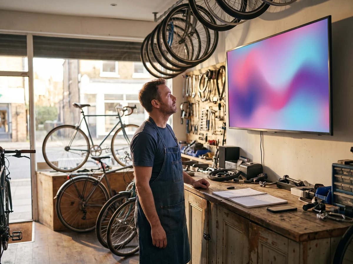 Artisan devant l’unique écran d’affichage dynamique de sa boutique