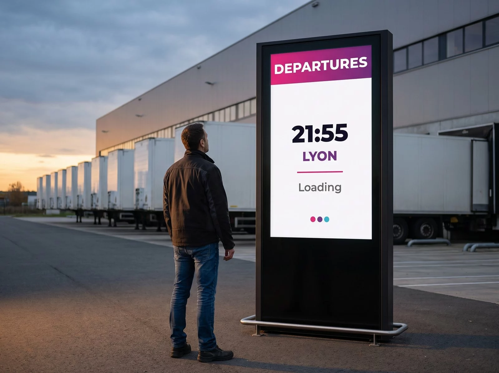 Lorry driver in front of an outdoor totem showing the departure time, destination and status of his load