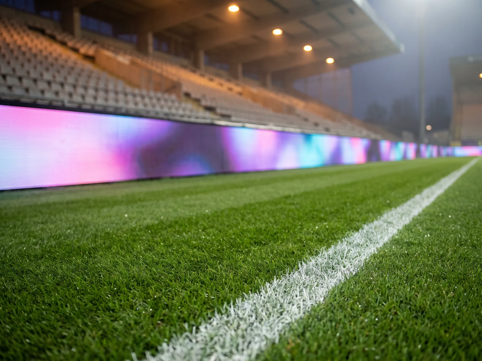 Panneau LED périmétrique allumé le long de la ligne de touche d'un terrain de football, le soir