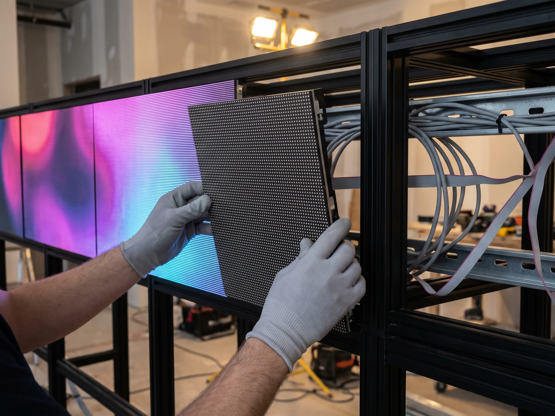 Technicien posant un module LED sur le ch&acirc;ssis d&rsquo;un mur LED