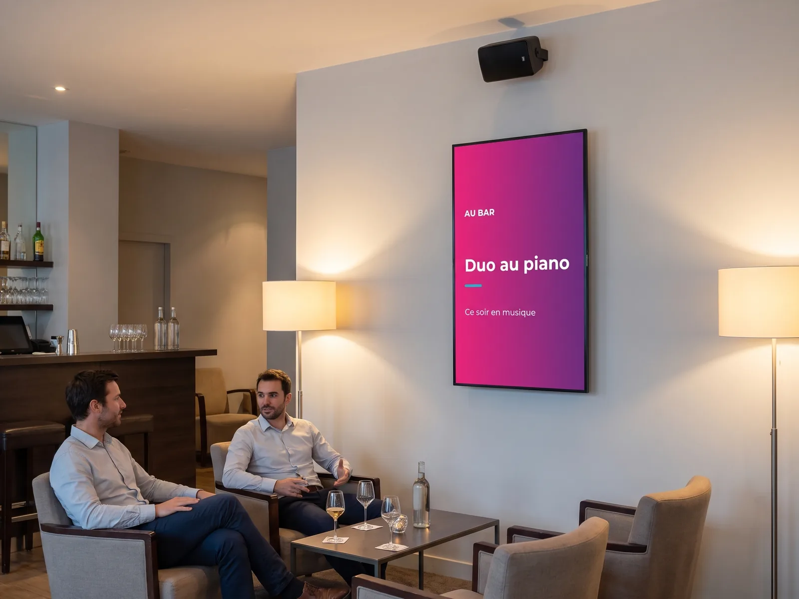 Écran vertical au mur du bar d'un hôtel annonçant la soirée, avec une enceinte murale au-dessus
