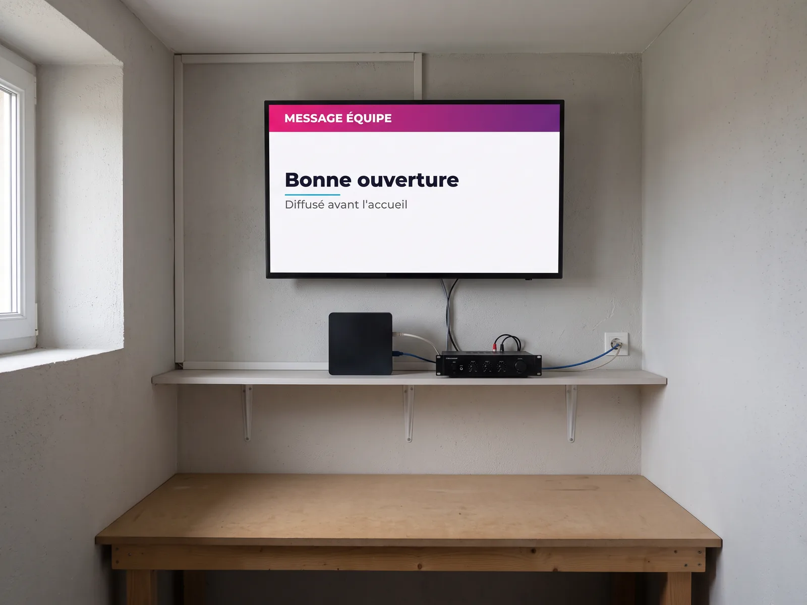 Boîtier de diffusion relié à un amplificateur audio sur une étagère, sous un écran mural affichant un message aux équipes