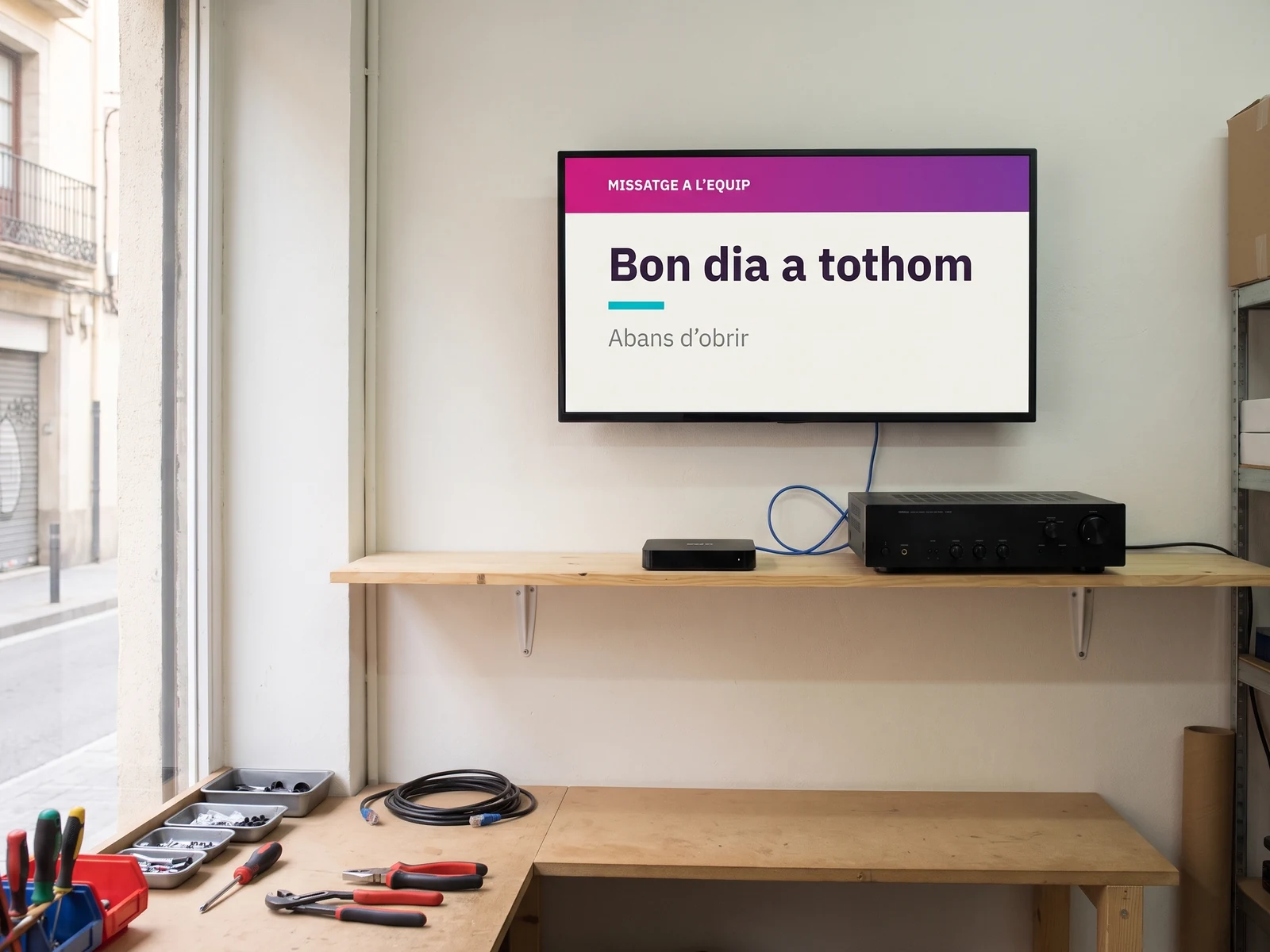 Reproductor negre connectat a un amplificador d'àudio en una prestatgeria, sota una pantalla mural amb un missatge per a l'equip