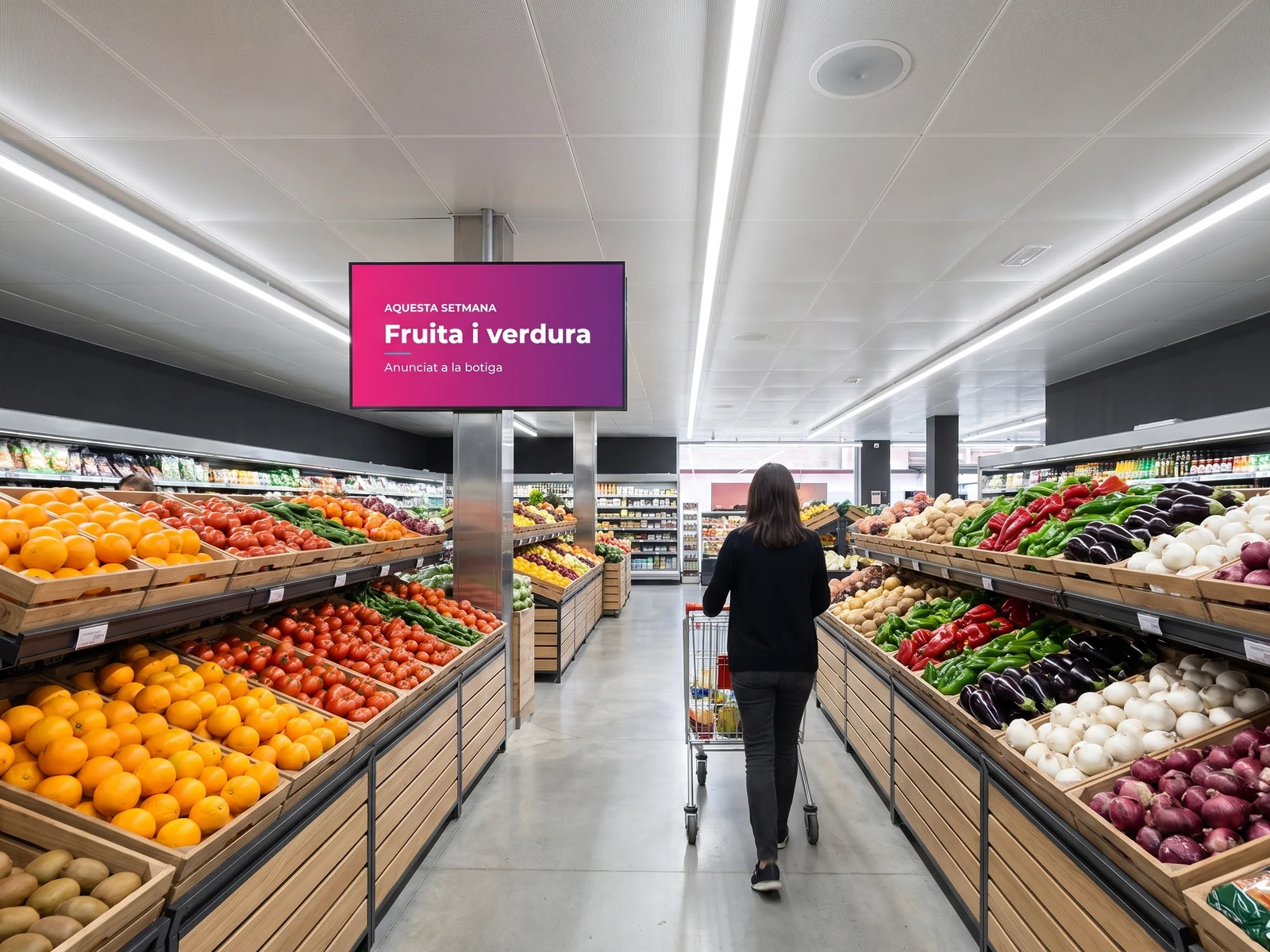 Pantalla instal·lada sobre el passadís de fruita i verdura d'un supermercat, amb un altaveu de sostre a la vista