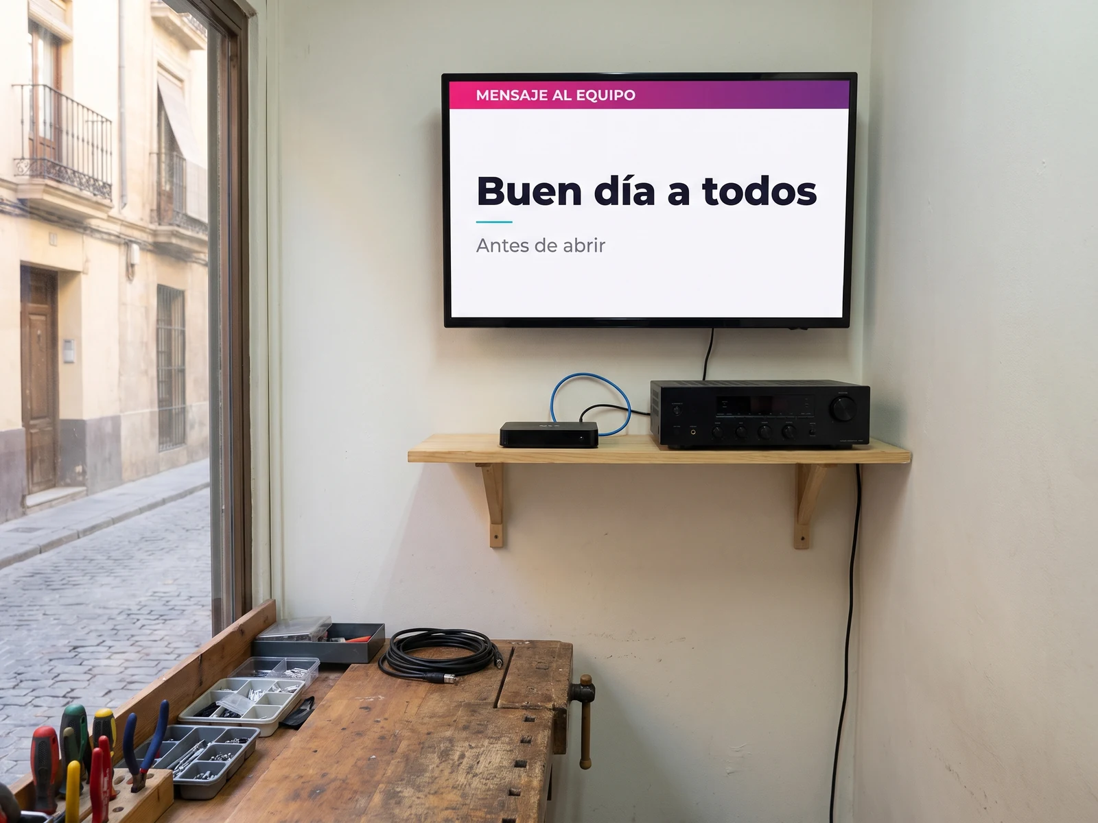 Reproductor negro conectado a un amplificador de audio en una estantería, bajo una pantalla mural con un mensaje para el equipo