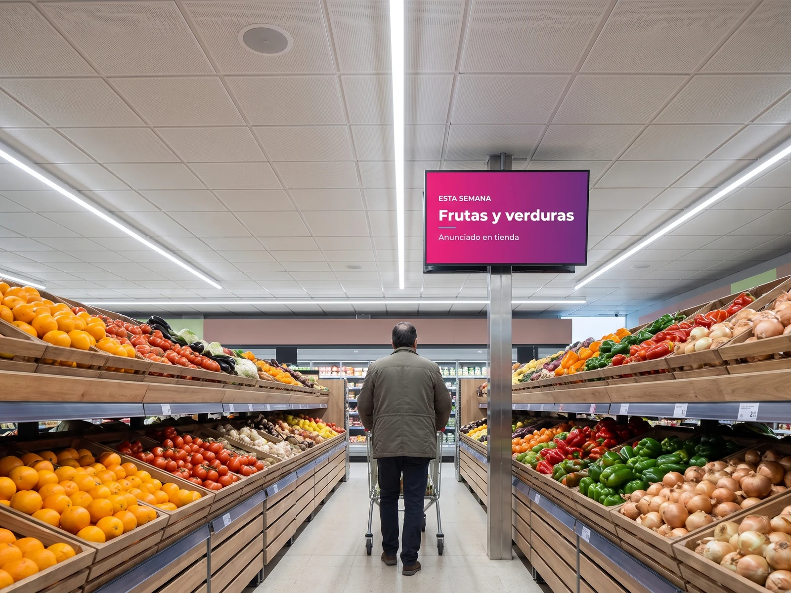 Pantalla instalada sobre el pasillo de frutas y verduras de un supermercado, con un altavoz de techo a la vista
