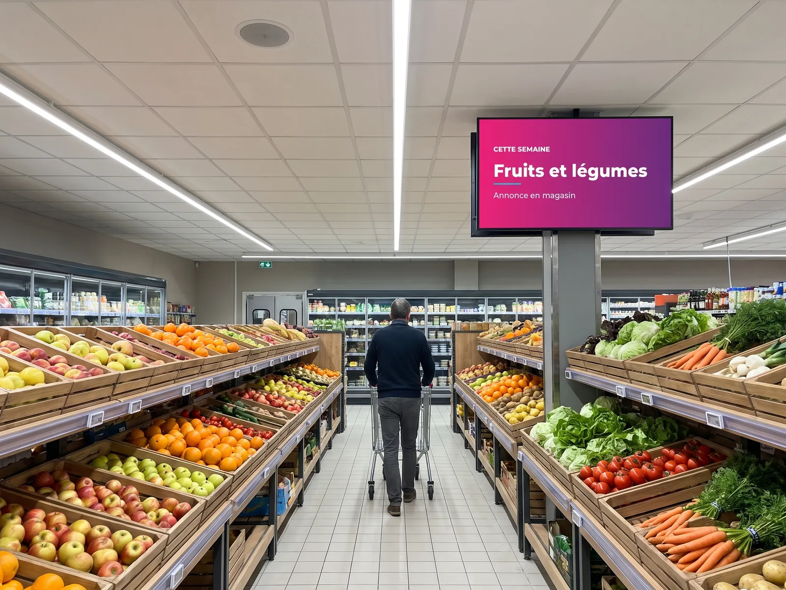 Écran suspendu au-dessus du rayon fruits et légumes d'un supermarché, avec un haut-parleur de plafond visible