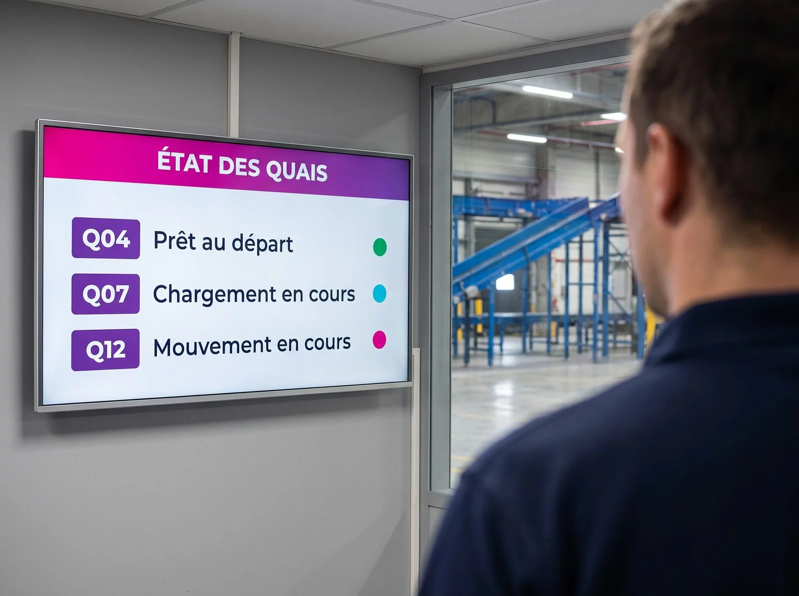 Bureau d'exploitation surplombant une halle logistique, avec un écran mural récapitulant l'état de chaque quai