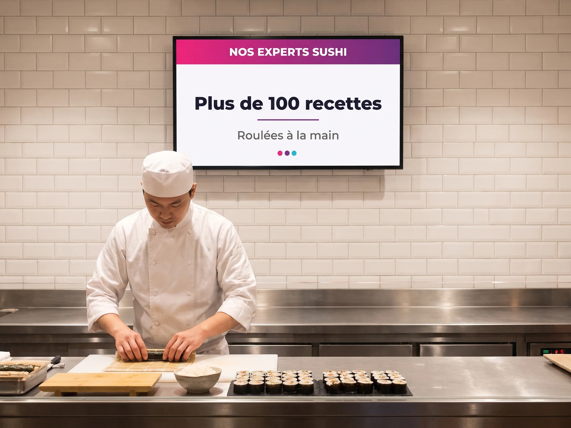 Chef préparant des makis à la main derrière un comptoir, écran mural au-dessus