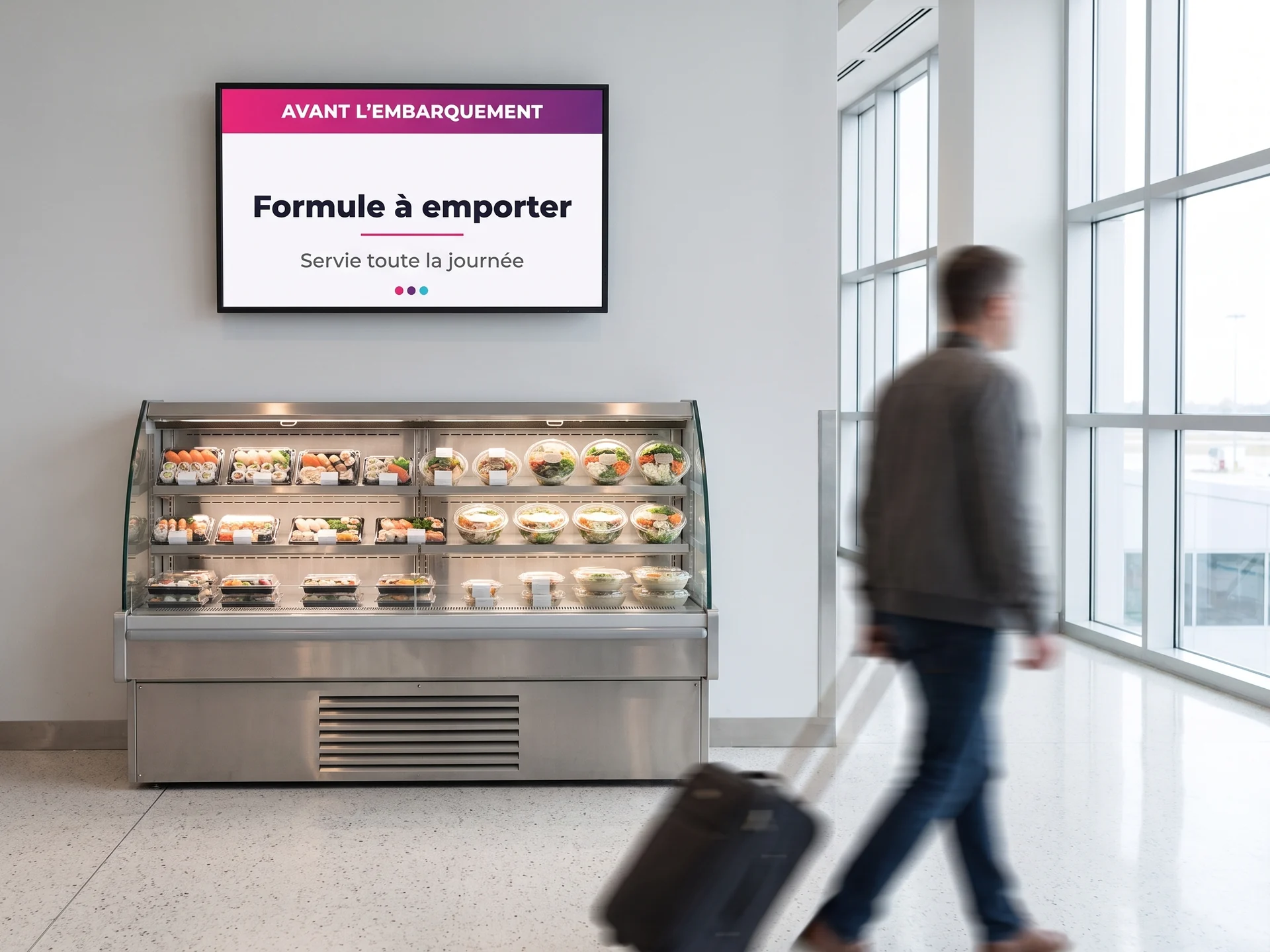 Vitrine réfrigérée de plateaux à emporter dans un terminal d'aéroport, écran mural au-dessus