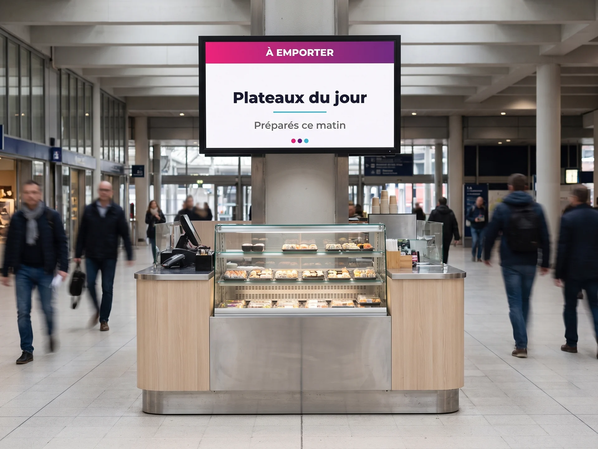 Kiosque à sushis dans le hall d'une gare, écran suspendu au-dessus du comptoir