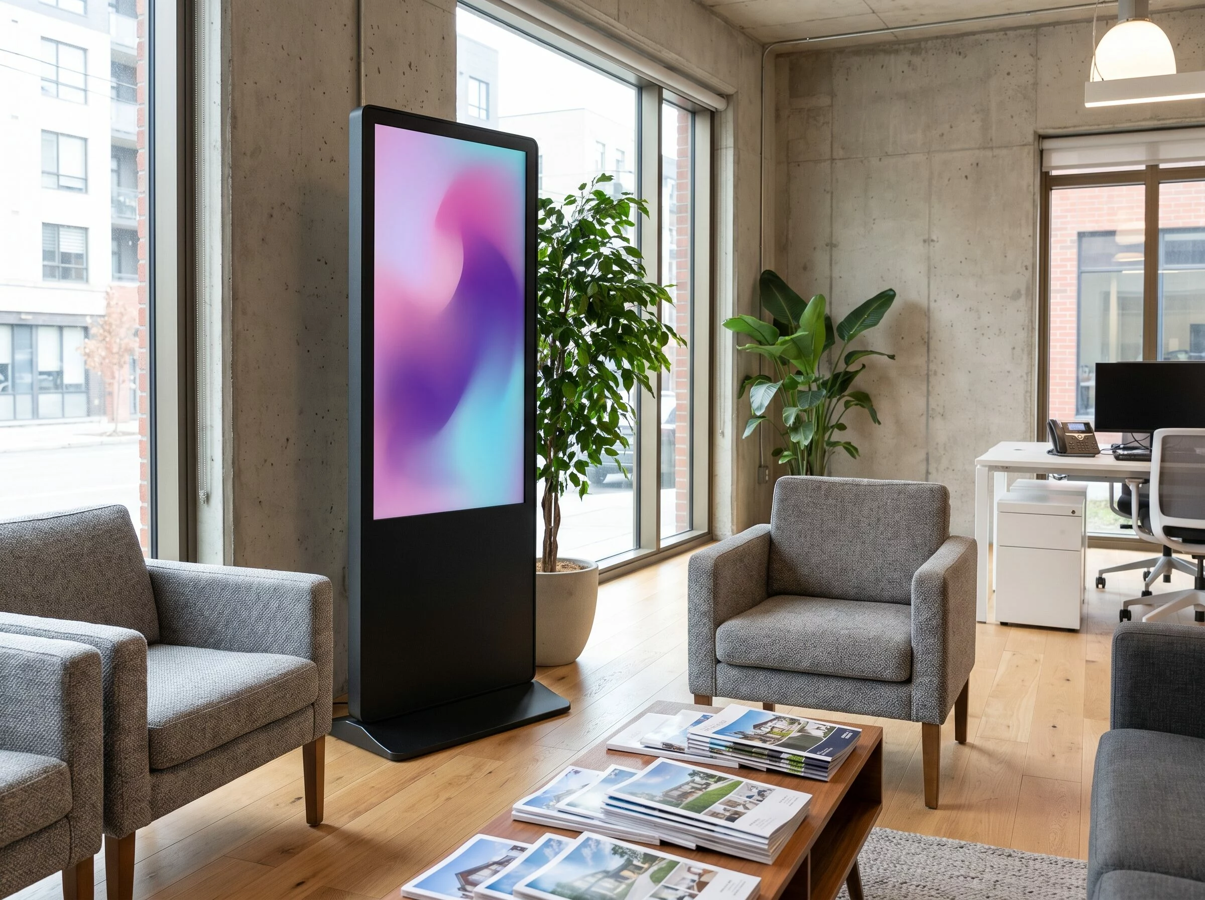 Totem num&eacute;rique dans l&rsquo;espace d&rsquo;attente d&rsquo;une agence immobili&egrave;re