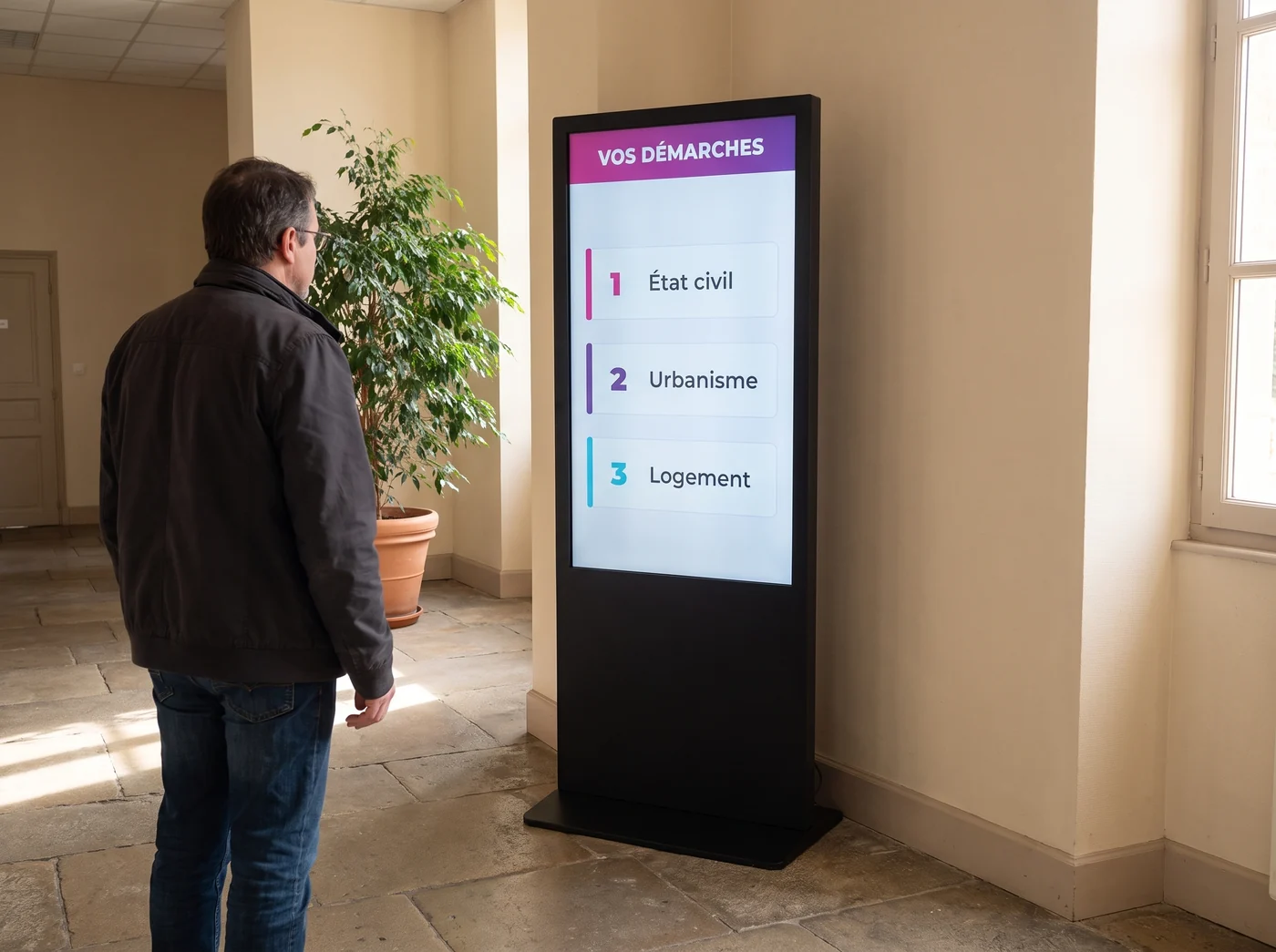 Totem tactile portrait dans le hall d’une mairie, listant les guichets, consulté par un administré