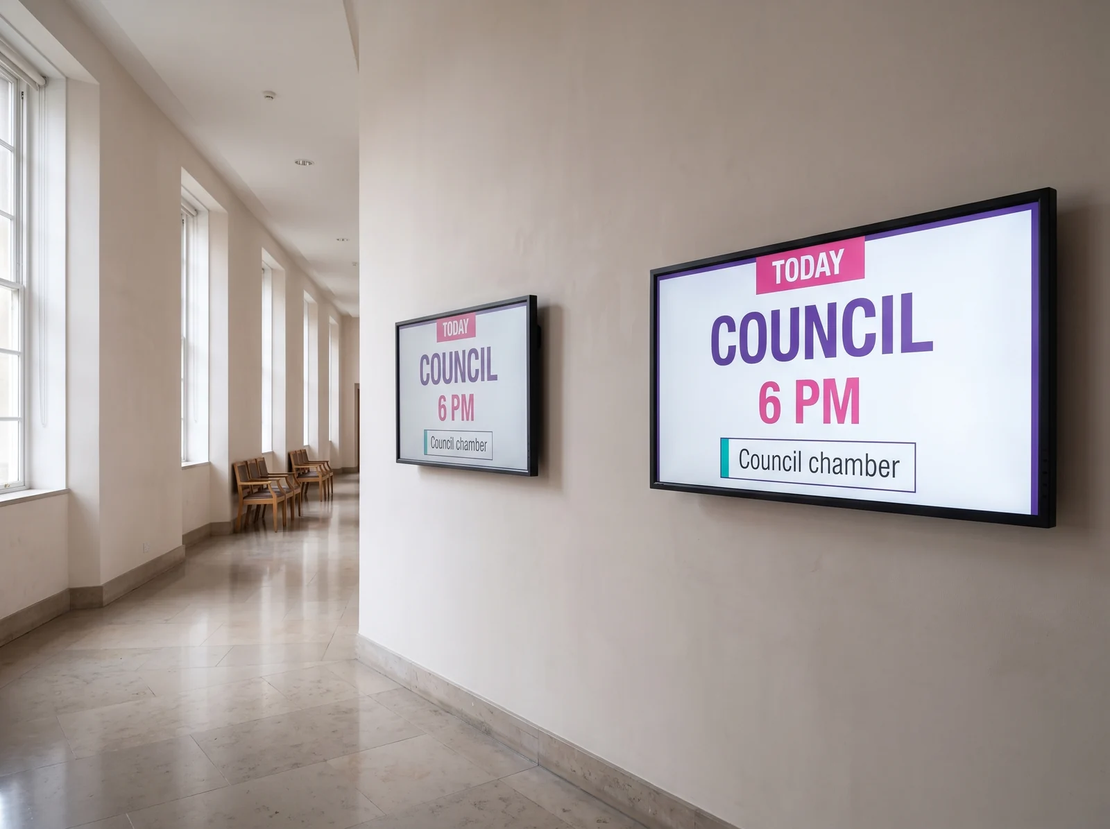 Corridor of a civic centre with two wall-mounted screens showing the same council information