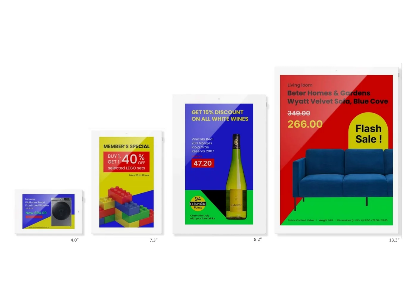 Les quatre tailles d'écran e-paper couleur, de 4 à 13,3 pouces, alignées côte à côte et affichant chacune une promotion