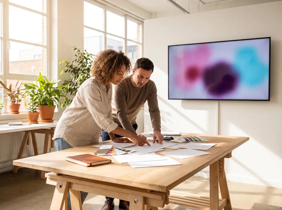 Deux créatifs travaillent ensemble autour d'esquisses dans un studio lumineux
