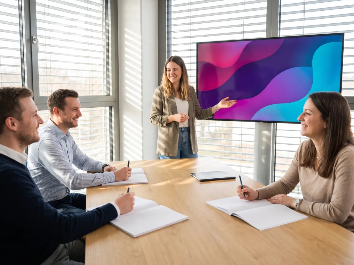 Petite session de formation souriante devant un grand écran mural