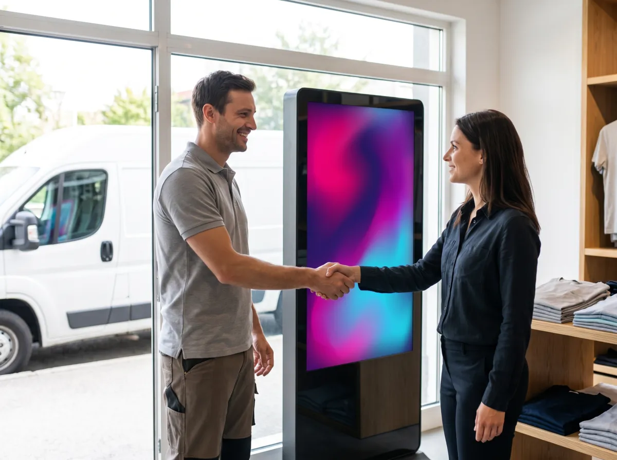 Installateur serrant la main d'une gérante de magasin devant un totem d'affichage neuf