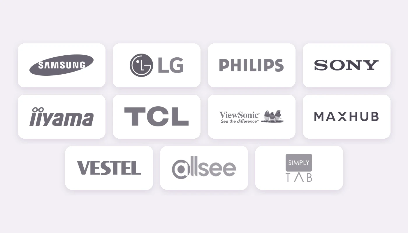 Marques d'écrans compatibles avec EMITY : Samsung, LG, Philips, Sony, iiyama, TCL, ViewSonic, MAXHUB, Vestel, Allsee et SimplyTab