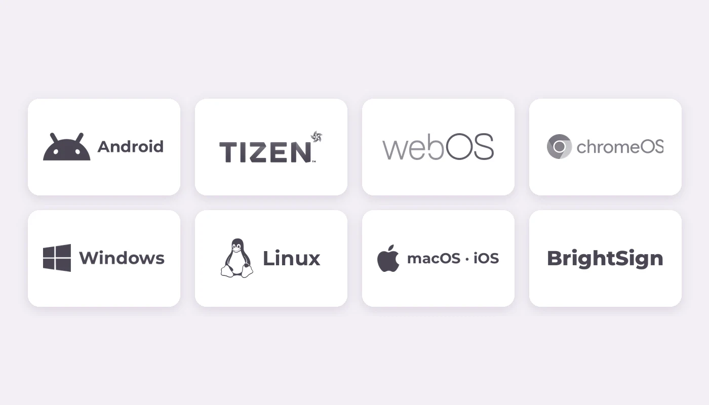 Systèmes et players compatibles avec EMITY : Android, Tizen, webOS, ChromeOS, Windows, Linux, macOS, iOS et BrightSign