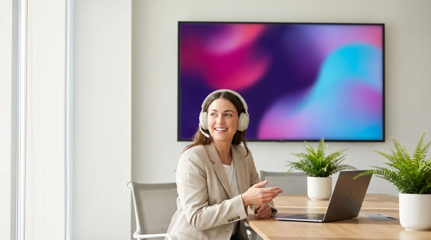Conseillère souriante avec un casque, en conversation dans un bureau lumineux