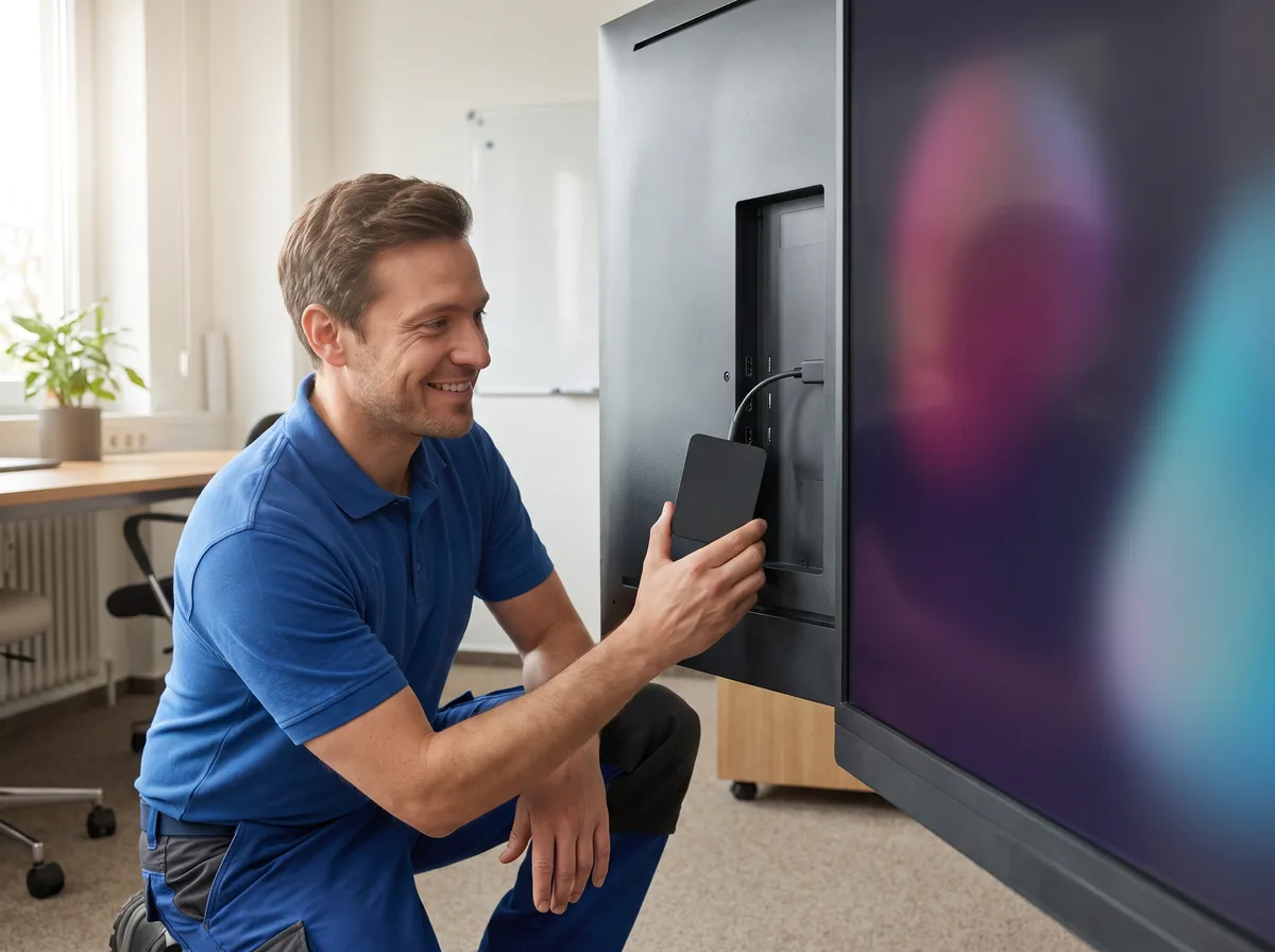 Technicien raccordant un player en HDMI derrière un écran professionnel