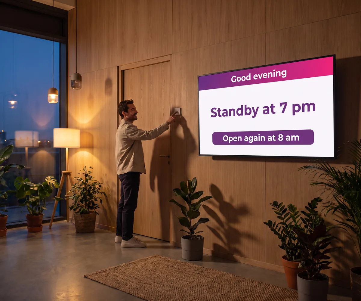 Eco-designed hall at the end of the day: an employee switches off the lights while the screen announces it will go to standby at 7 pm